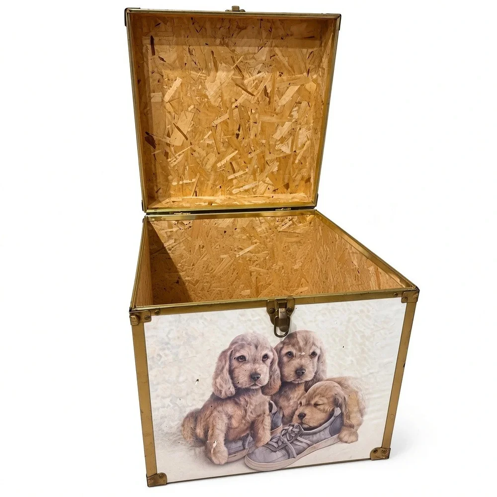 Vintage Seward 3 Hound Puppies On Shoes Box Trunk Wood Brass Crate 80s Retro